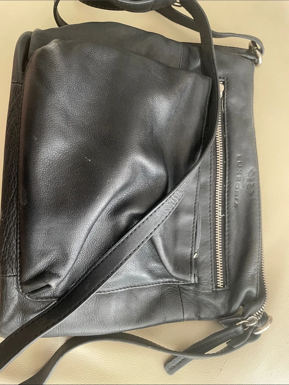 Luxury Black Leather Messenger Bag with Front Zip by Luxeoria
